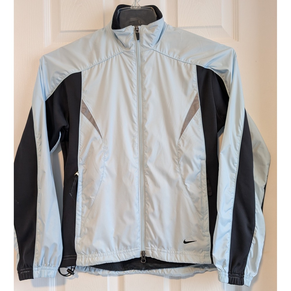 Nike Womens S Running Jacket Light Blue Black Full Zip Reflective Windbreaker